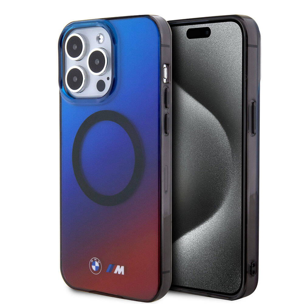 Apple iPhone 15 Pro Case BMW M-safe Charging Feature Transparent Color Transition Design Original Licensed Cover Blue-Red