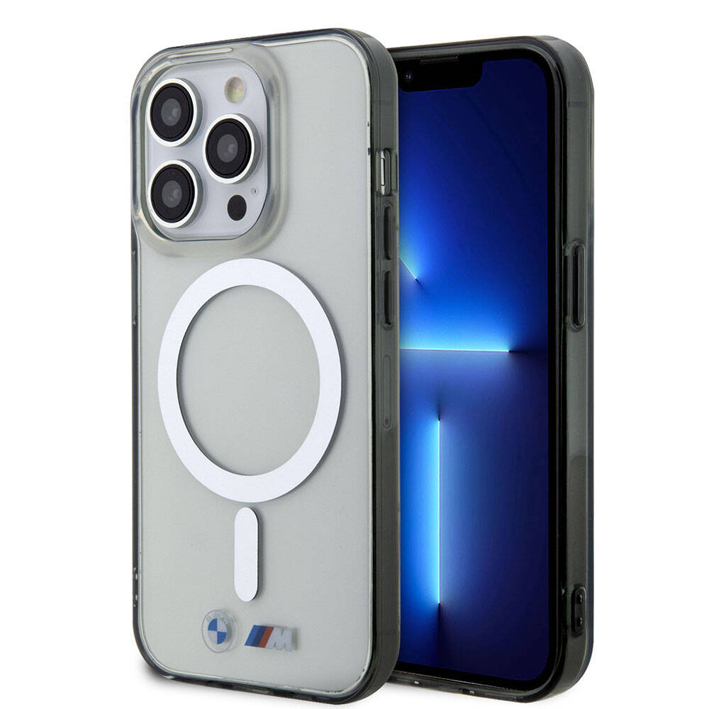 Apple iPhone 15 Pro Case BMW M-safe Charging Feature Transparent Silver Ring Original Licensed Cover Colorless