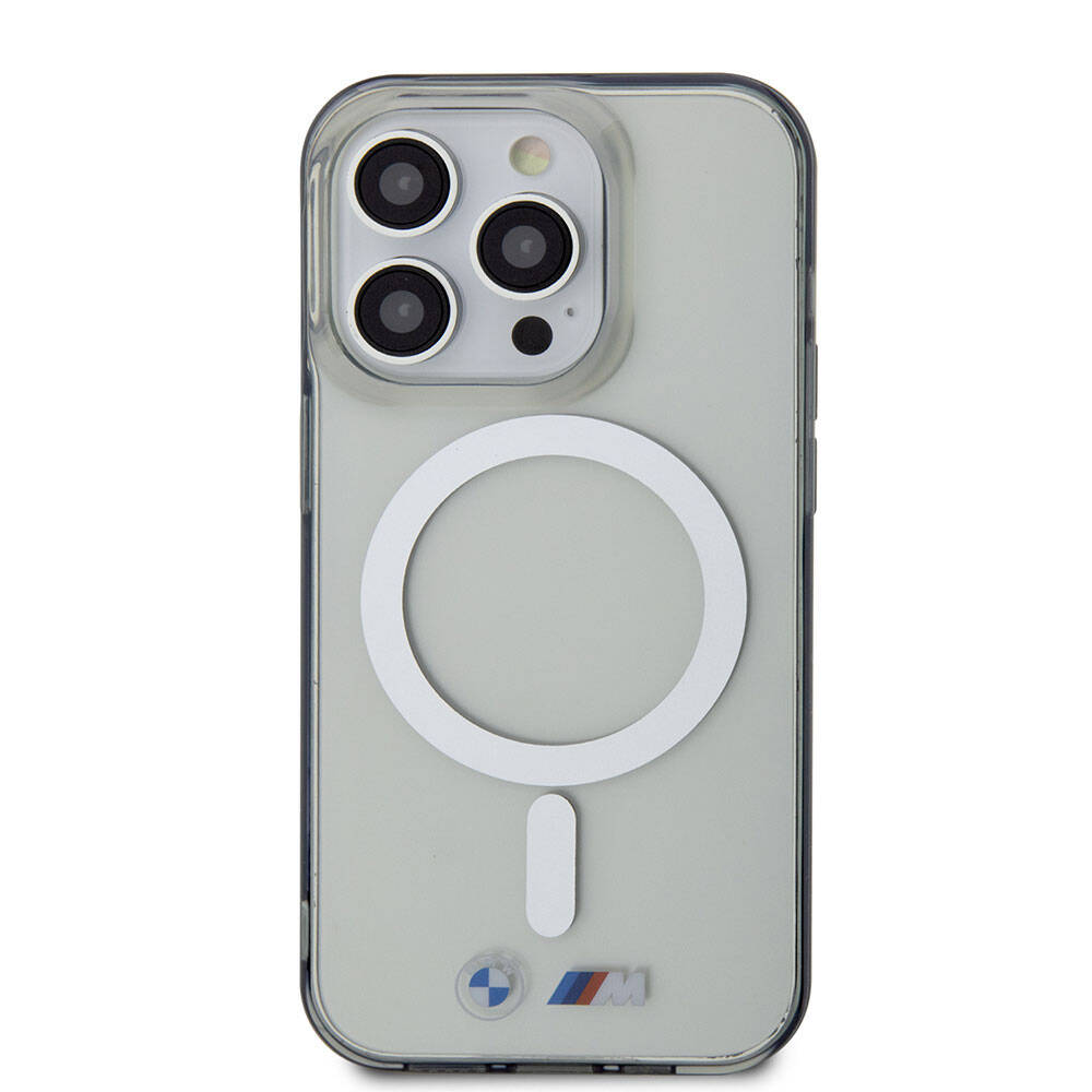 Apple iPhone 15 Pro Case BMW M-safe Charging Feature Transparent Silver Ring Original Licensed Cover Colorless