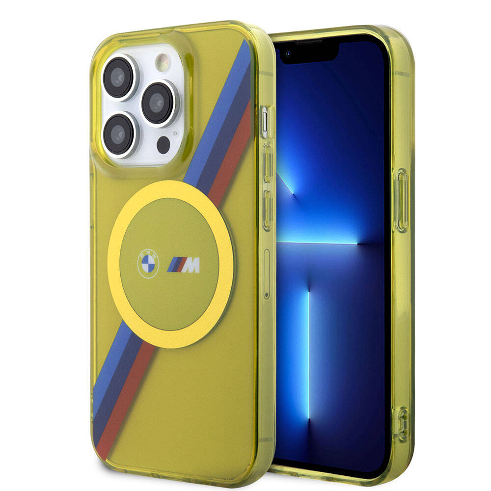 Apple iPhone 15 Pro Case BMW M-safe Charging Feature Transparent Tricolor Stripes Original Licensed Cover Yellow