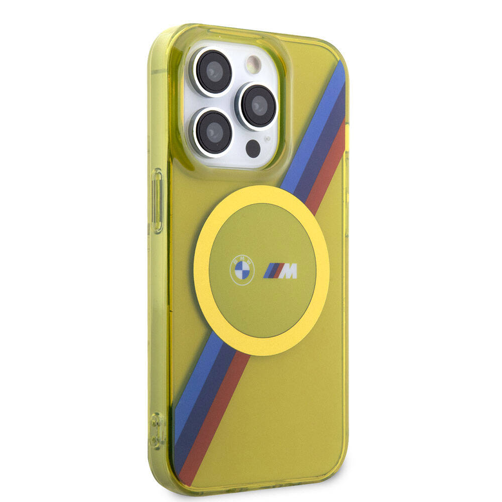 Apple iPhone 15 Pro Case BMW M-safe Charging Feature Transparent Tricolor Stripes Original Licensed Cover Yellow