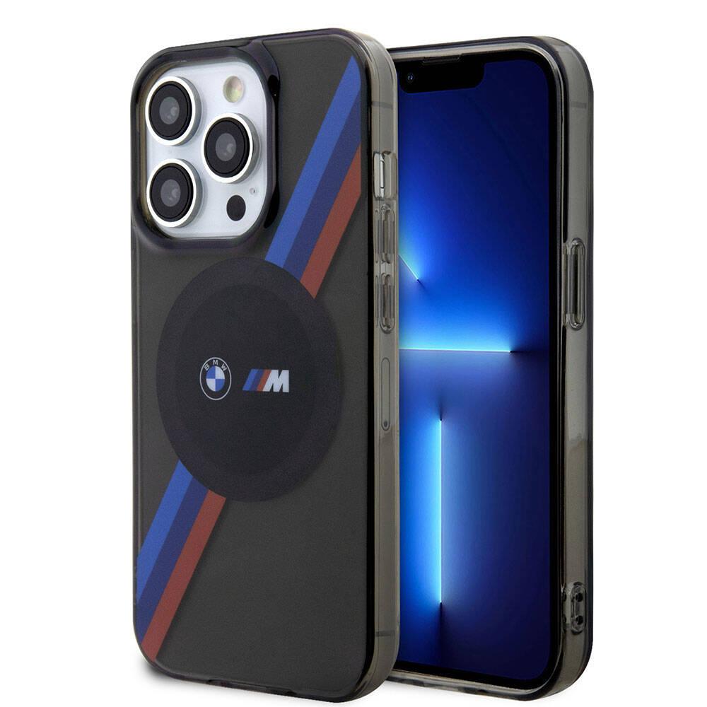 Apple iPhone 15 Pro Kılıf BMW M-safe Şarj Özellikli Transparan Tricolor Stripes Orjinal Lisanslı Kapak Gri