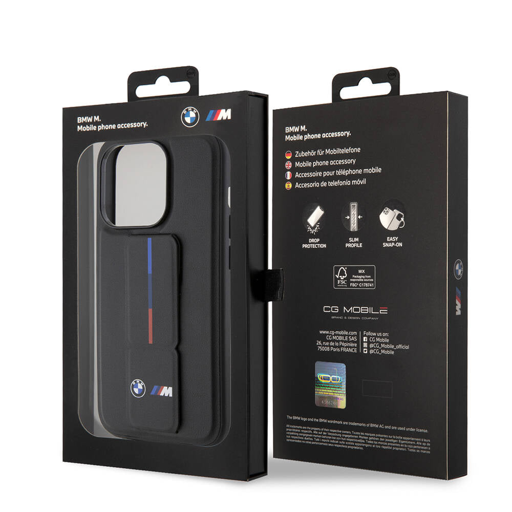 Apple iPhone 15 Pro Case BMW Original Licensed M Stripe and Logo Stand Cover Black