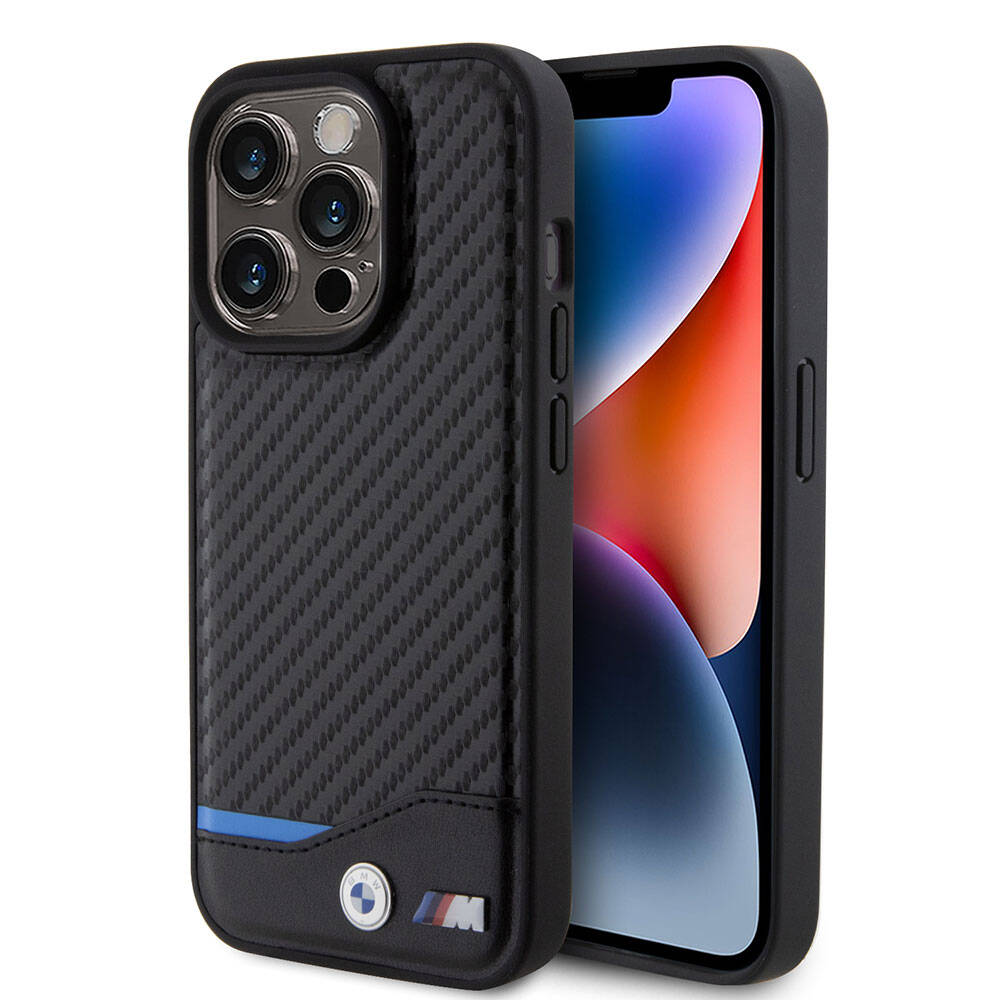 Apple iPhone 15 Pro Case BMW Original Licensed M-Safe Charging Feature PU Carbon Cover Black with M Logo