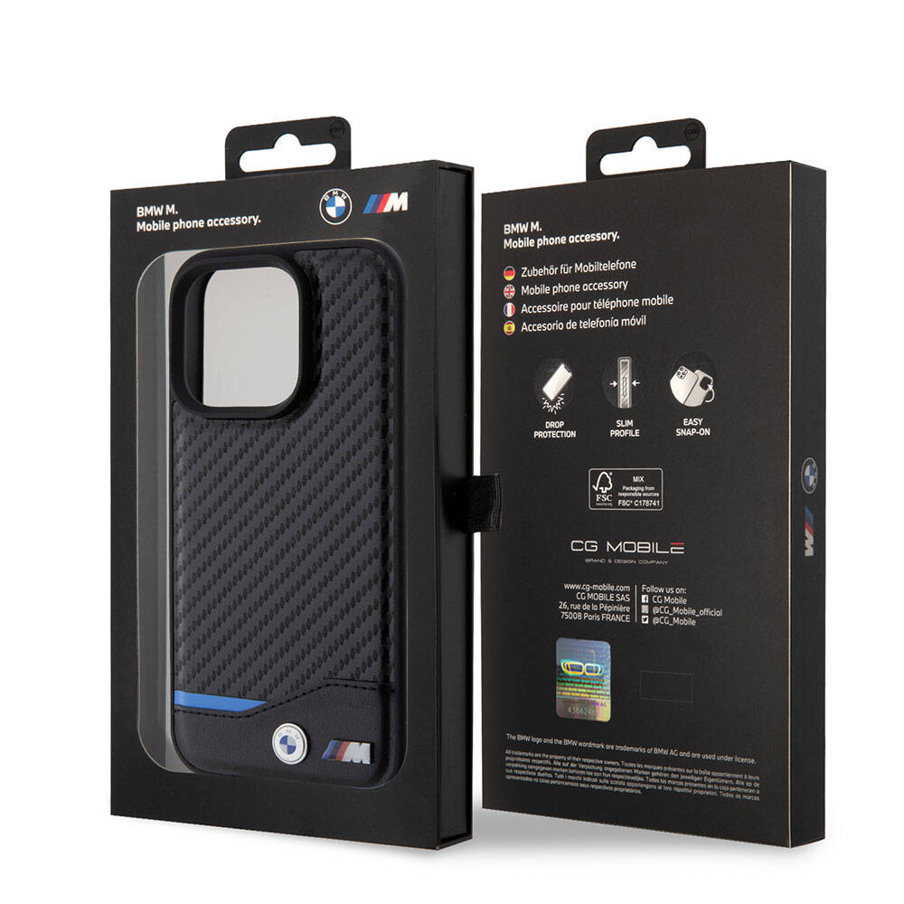 Apple iPhone 15 Pro Case BMW Original Licensed M-Safe Charging Feature PU Carbon Cover Black with M Logo