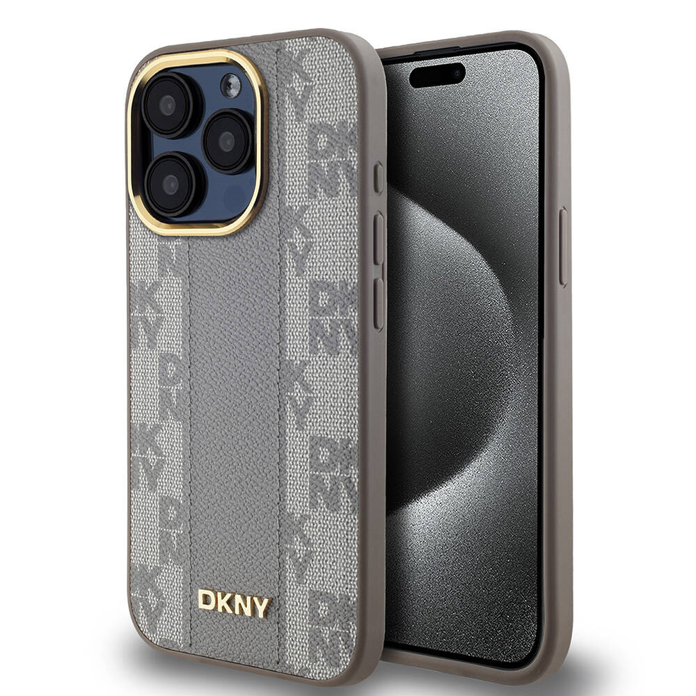 Apple iPhone 15 Pro Case DKNY Original Licensed M-safe Charging Feature 3D Printed Checkered Pattern Cover Black