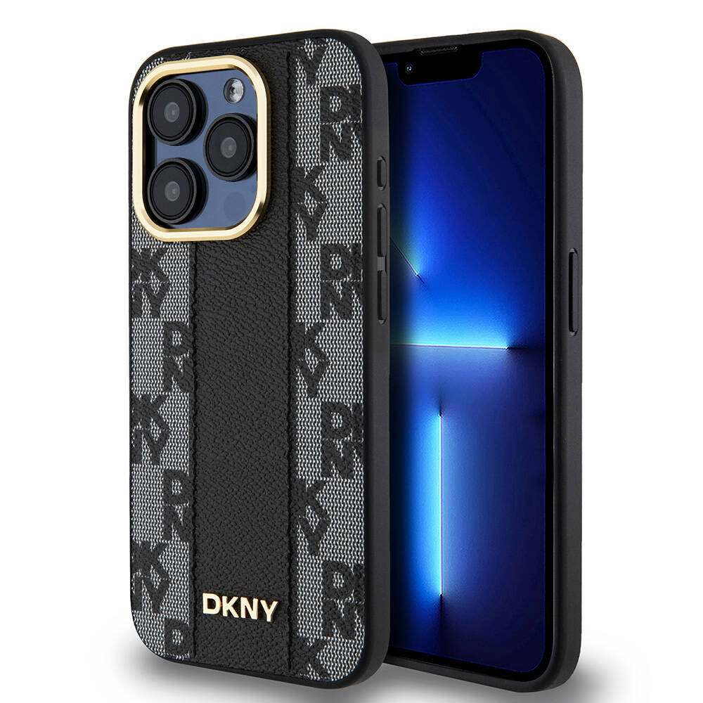 Apple iPhone 15 Pro Case DKNY Original Licensed M-safe Charging Feature 3D Printed Checkered Pattern Cover Black