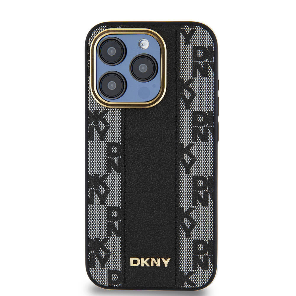 Apple iPhone 15 Pro Case DKNY Original Licensed M-safe Charging Feature 3D Printed Checkered Pattern Cover Black