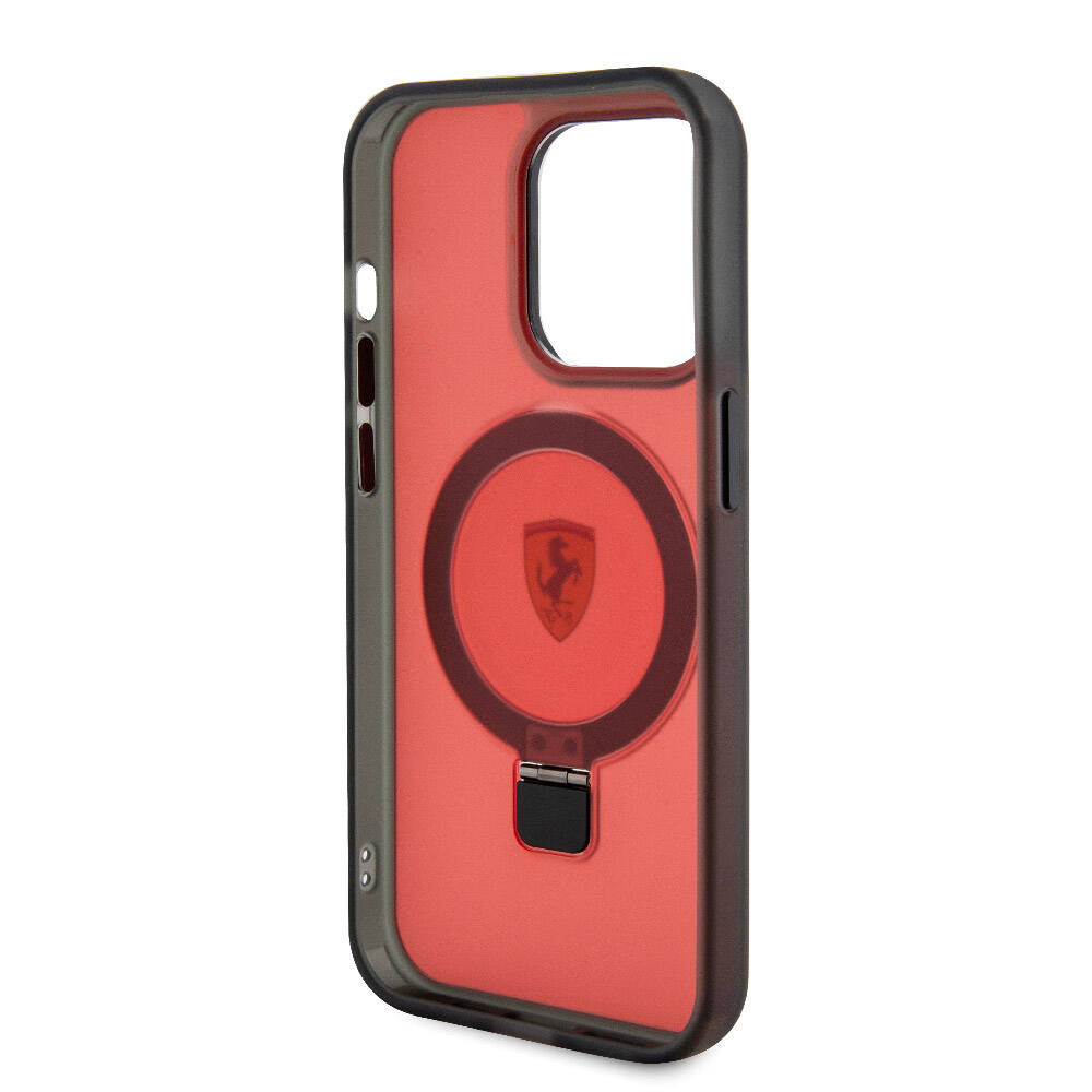 Apple iPhone 15 Pro Kılıf Ferrari M-safe Şarj Özellikli Standlı Buzlu Yüzey Dizayn Kapak Transparan Siyah