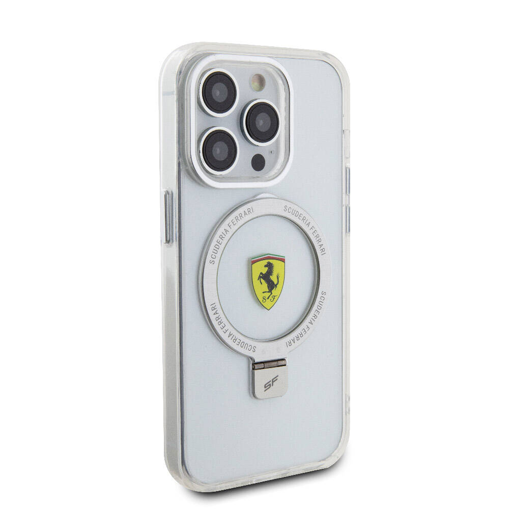 Apple iPhone 15 Pro Kılıf Ferrari M-safe Şarj Özellikli Standlı Buzlu Yüzey Dizayn Kapak Kırmızı