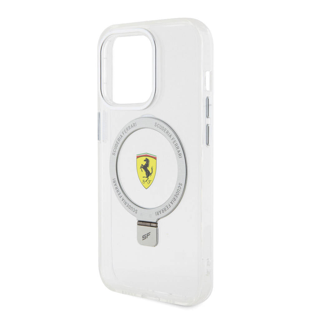 Apple iPhone 15 Pro Kılıf Ferrari M-safe Şarj Özellikli Standlı Buzlu Yüzey Dizayn Kapak Gümüş