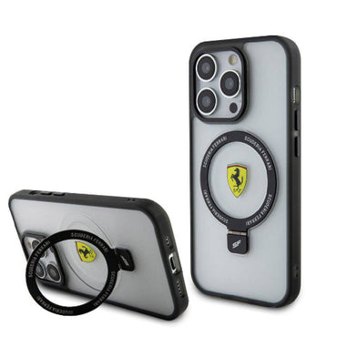 Apple iPhone 15 Pro Kılıf Ferrari M-safe Şarj Özellikli Standlı Buzlu Yüzey Dizayn Kapak
