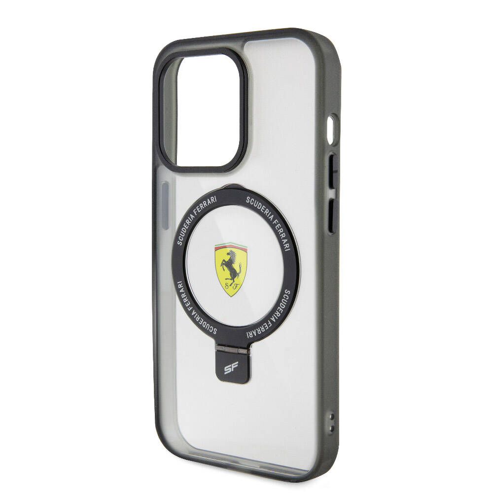 Apple iPhone 15 Pro Kılıf Ferrari M-safe Şarj Özellikli Standlı Buzlu Yüzey Dizayn Kapak Transparan Siyah