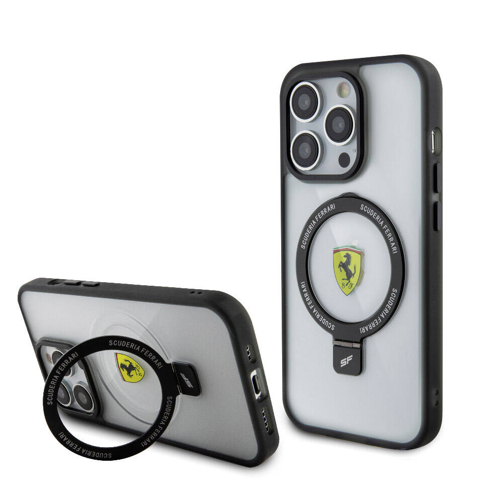 Apple iPhone 15 Pro Case Ferrari M-safe Charging Stand Frosted Surface Design Cover Silver