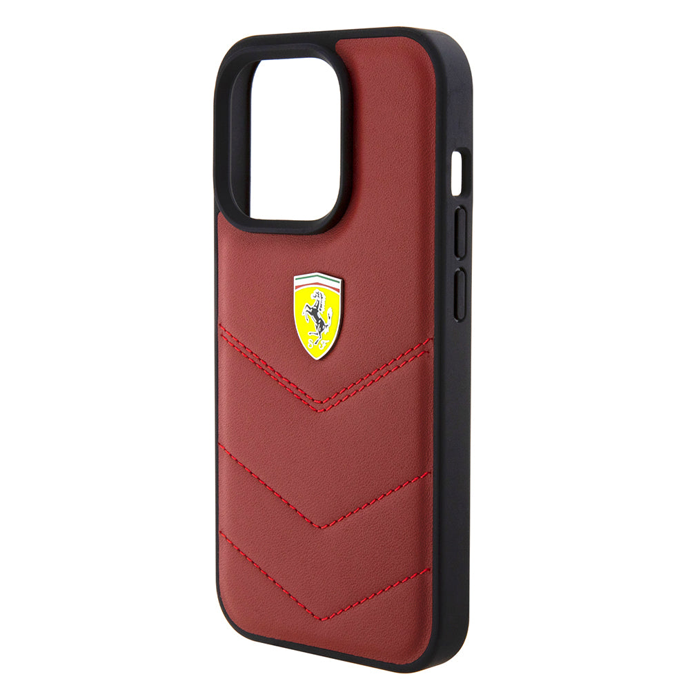 Apple iPhone 15 Pro Kılıf Ferrari Orjinal Lisanslı Deri Dikişli Arka Yüzey Metal Logo Tasarımlı Kapak Siyah