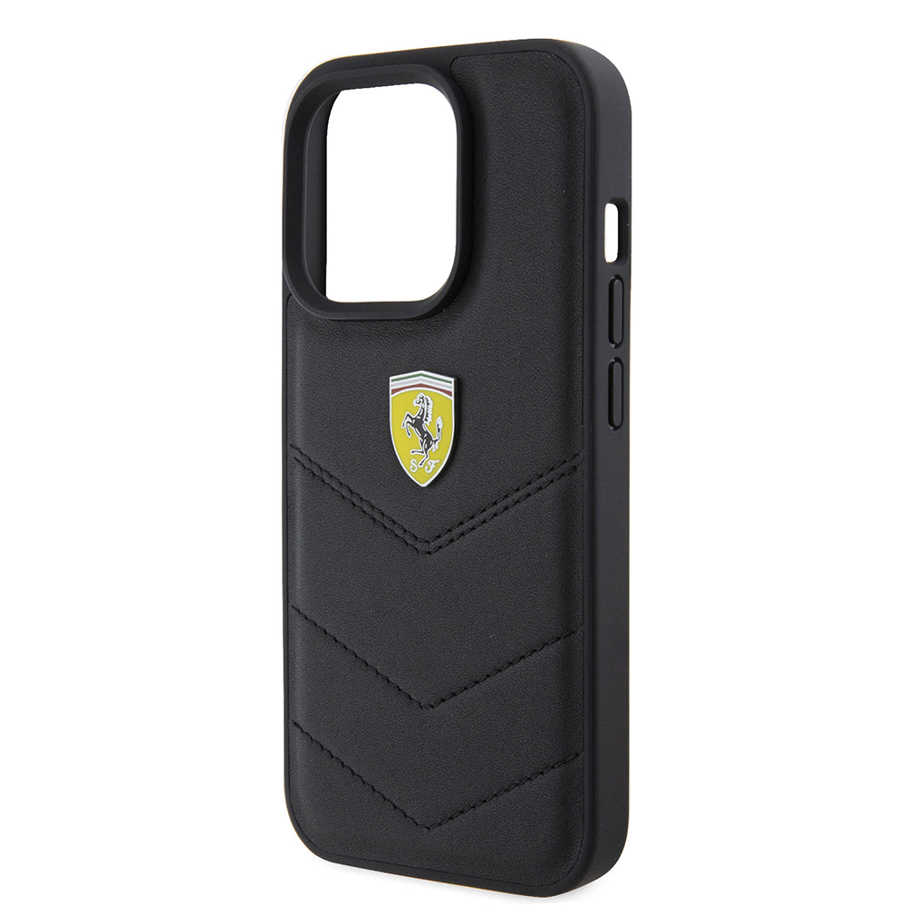 Apple iPhone 15 Pro Kılıf Ferrari Orjinal Lisanslı Deri Dikişli Arka Yüzey Metal Logo Tasarımlı Kapak Siyah