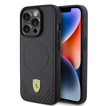 Apple iPhone 15 Pro Kılıf Ferrari Orjinal Lisanslı M-safe Şarj Özellikli Metal Logolu PU Karbon Kapak
