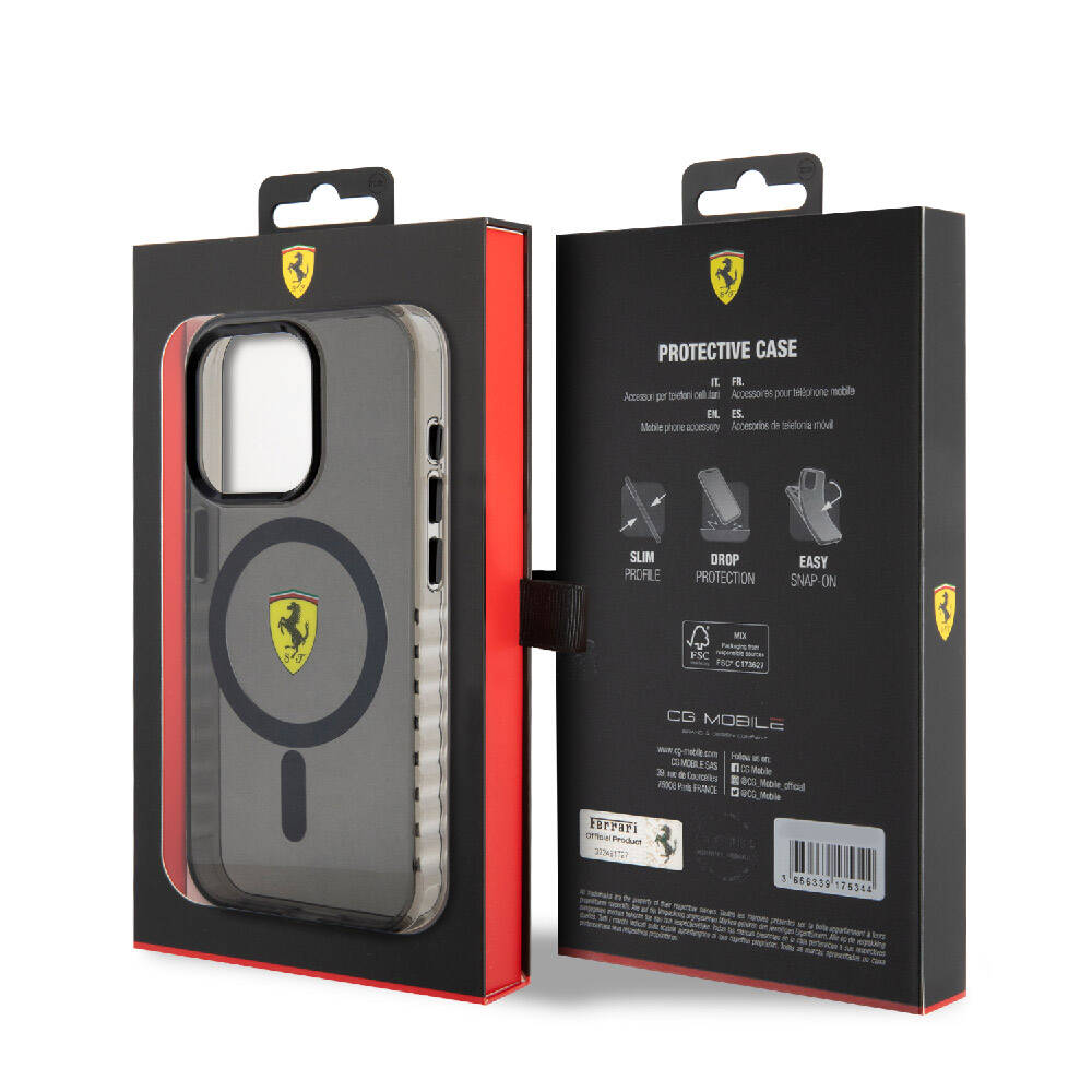 Apple iPhone 15 Pro Case Ferrari Original Licensed M-Safe Charging Feature Serrated Edge Design Centered Logo Cover Colorless