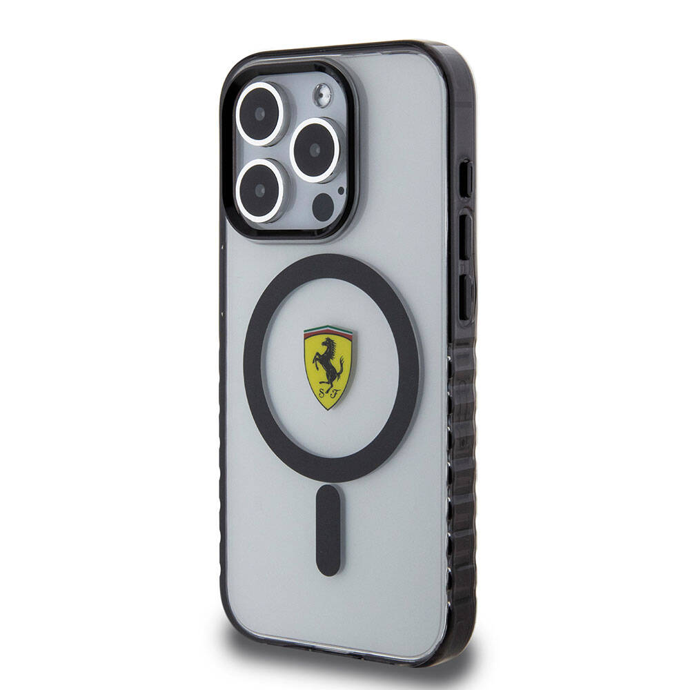 Apple iPhone 15 Pro Case Ferrari Original Licensed M-Safe Charging Feature Serrated Edge Design Centered Logo Cover Colorless
