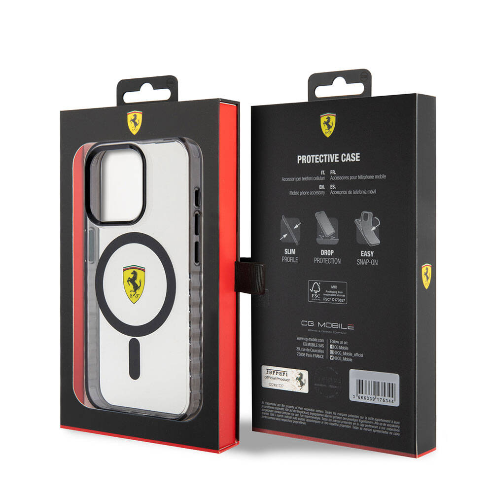 Apple iPhone 15 Pro Case Ferrari Original Licensed M-Safe Charging Feature Serrated Edge Design Centered Logo Cover Colorless