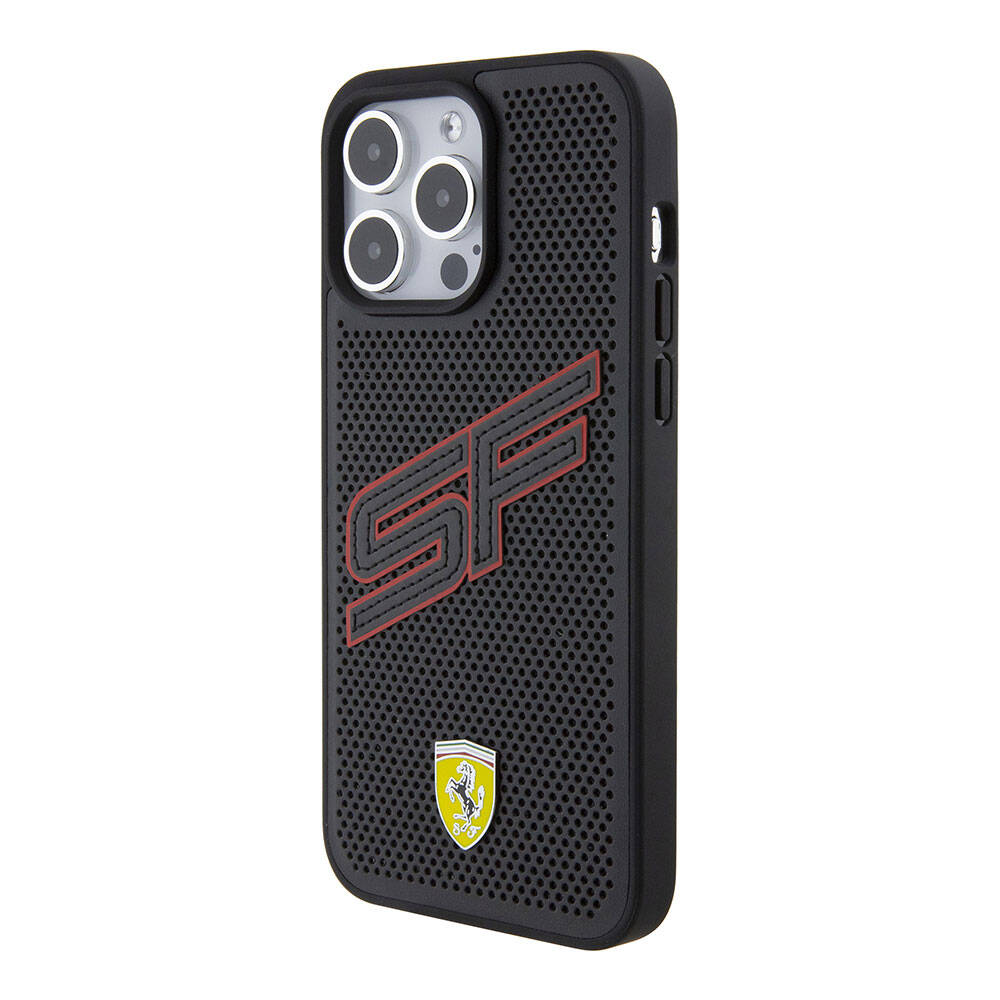 Apple iPhone 15 Pro Case Ferrari Original Licensed PU Perforated Back Surface Metal Logo Stitched Large SF Text Cover Black