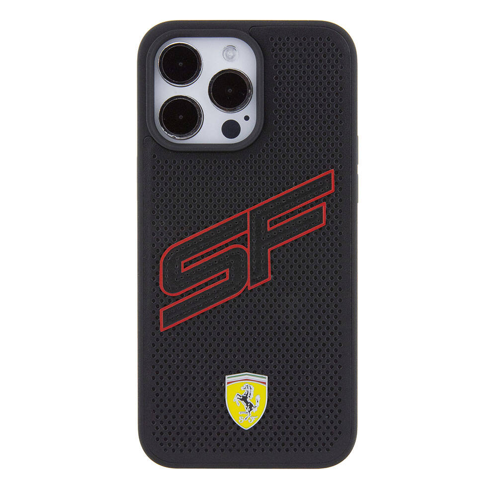 Apple iPhone 15 Pro Case Ferrari Original Licensed PU Perforated Back Surface Metal Logo Stitched Large SF Written Cover Red
