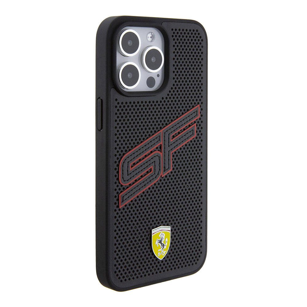 Apple iPhone 15 Pro Case Ferrari Original Licensed PU Perforated Back Surface Metal Logo Stitched Large SF Text Cover Black