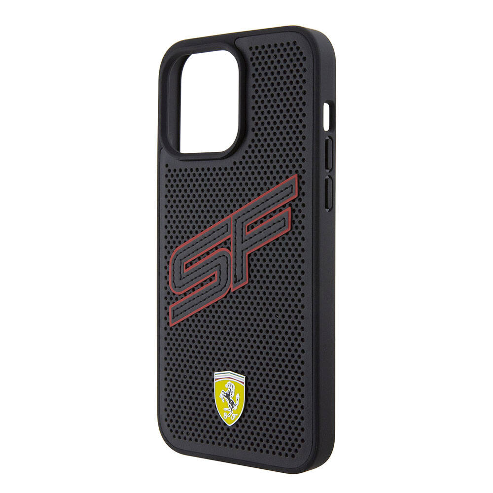 Apple iPhone 15 Pro Case Ferrari Original Licensed PU Perforated Back Surface Metal Logo Stitched Large SF Text Cover Black