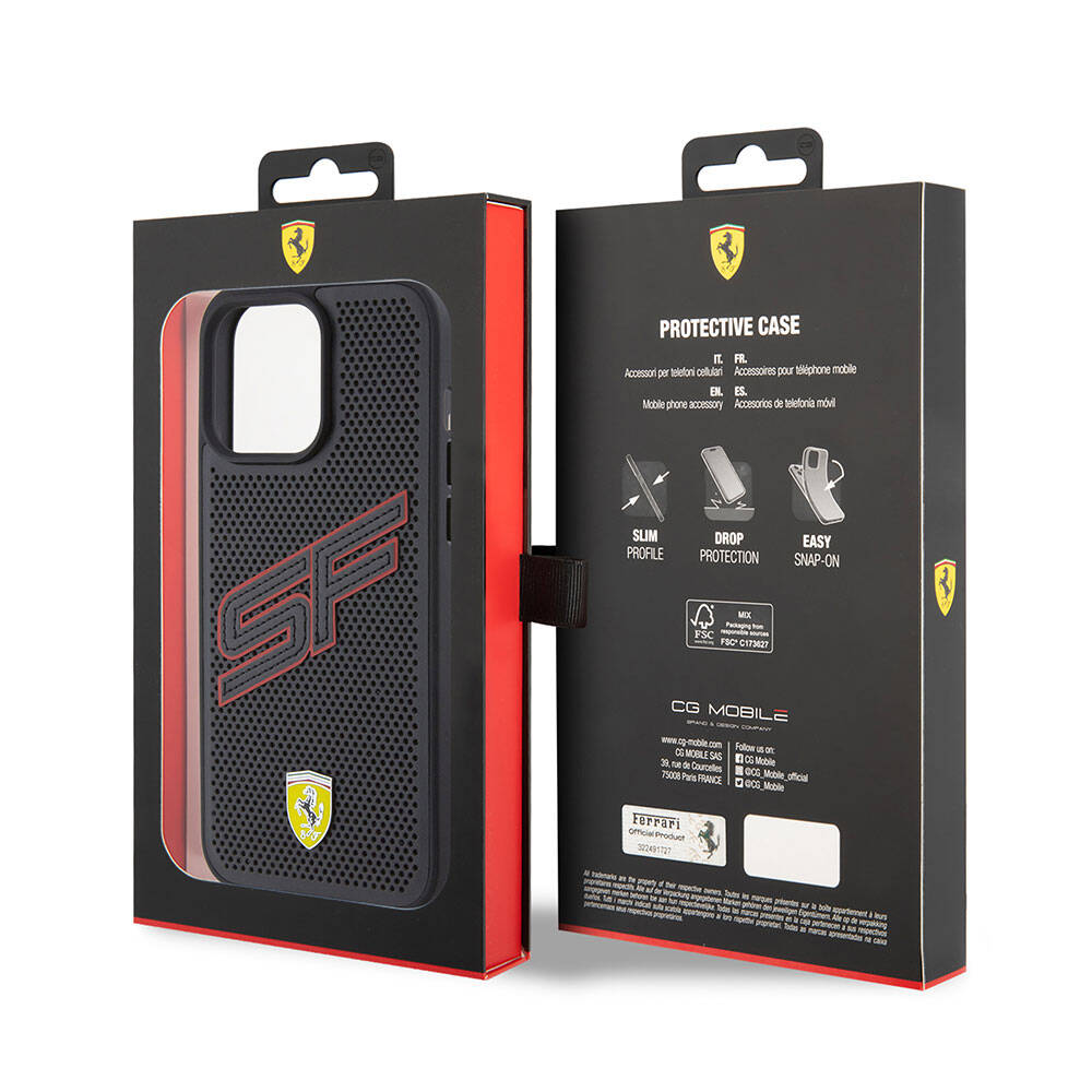 Apple iPhone 15 Pro Case Ferrari Original Licensed PU Perforated Back Surface Metal Logo Stitched Large SF Text Cover Black