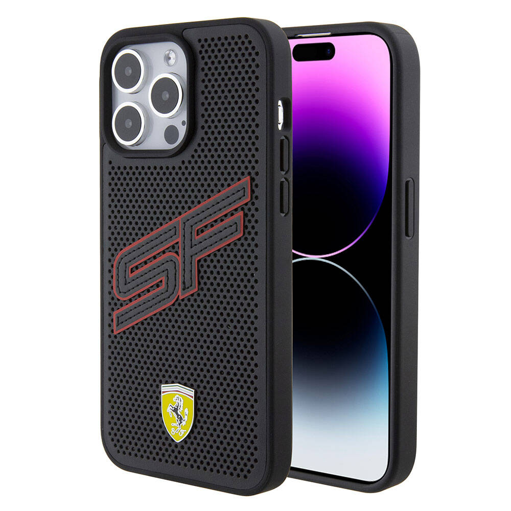 Apple iPhone 15 Pro Case Ferrari Original Licensed PU Perforated Back Surface Metal Logo Stitched Large SF Text Cover Black
