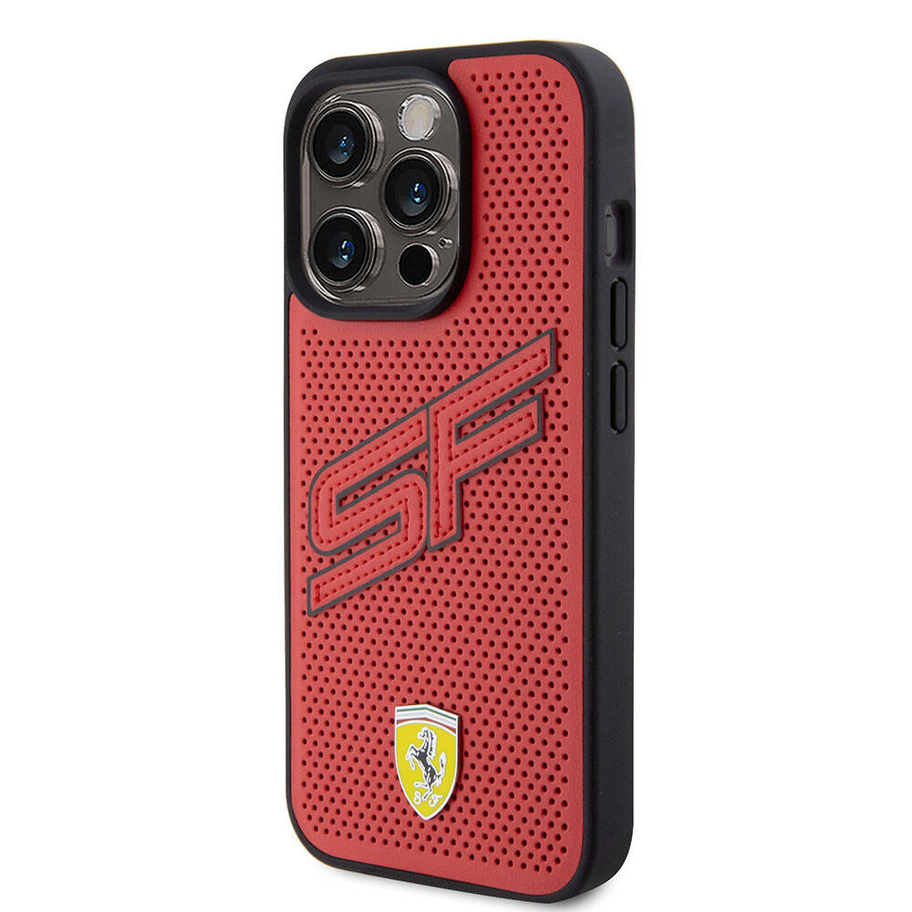Apple iPhone 15 Pro Case Ferrari Original Licensed PU Perforated Back Surface Metal Logo Stitched Large SF Written Cover Red