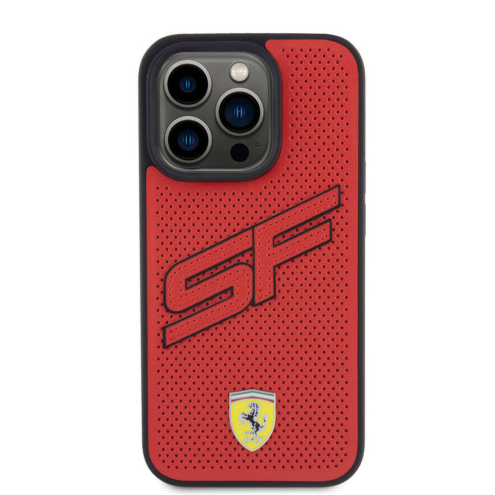 Apple iPhone 15 Pro Case Ferrari Original Licensed PU Perforated Back Surface Metal Logo Stitched Large SF Text Cover Black
