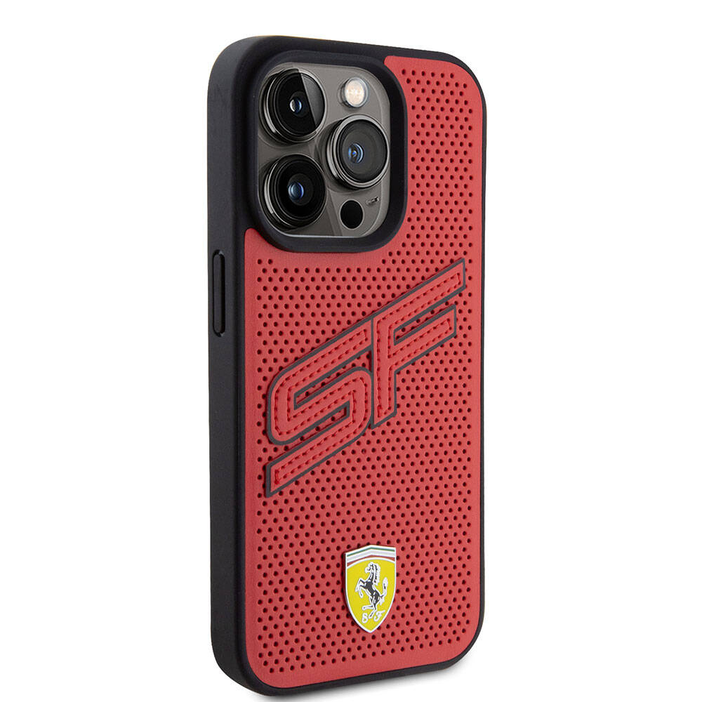 Apple iPhone 15 Pro Case Ferrari Original Licensed PU Perforated Back Surface Metal Logo Stitched Large SF Text Cover Black