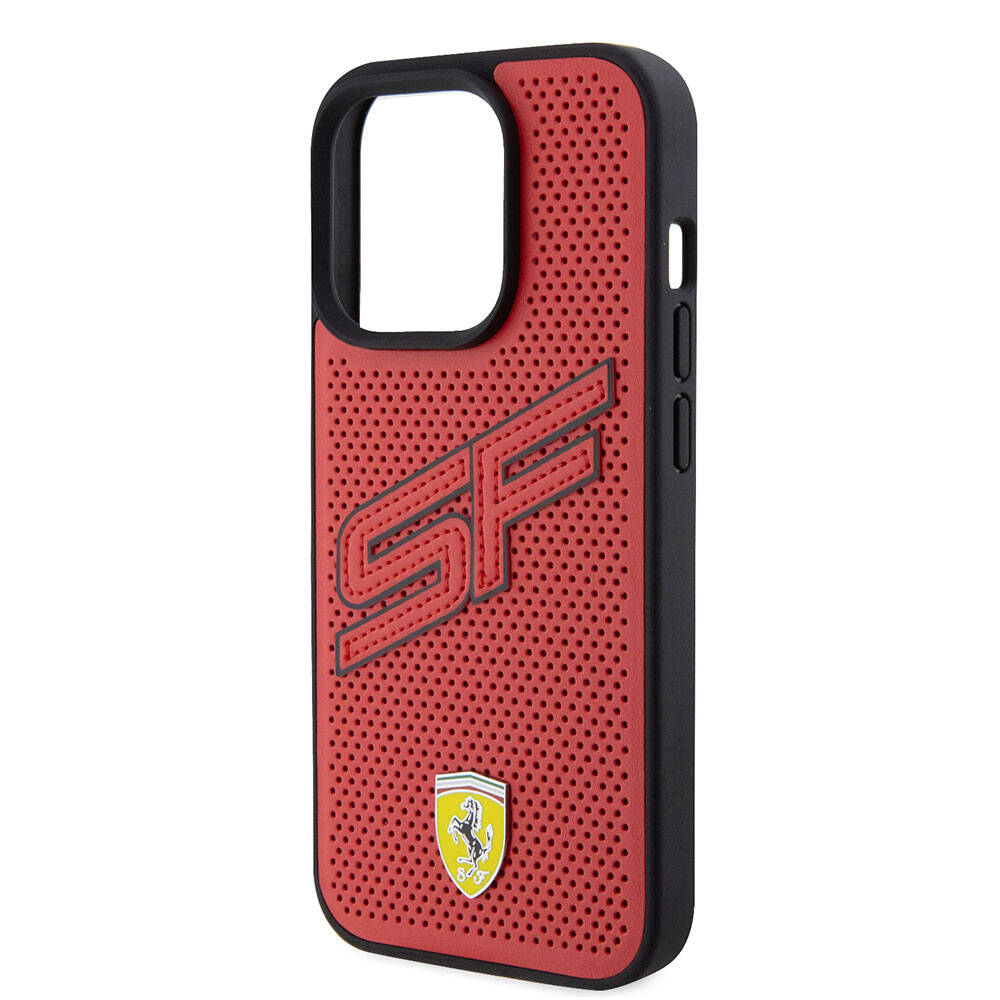 Apple iPhone 15 Pro Case Ferrari Original Licensed PU Perforated Back Surface Metal Logo Stitched Large SF Text Cover Black