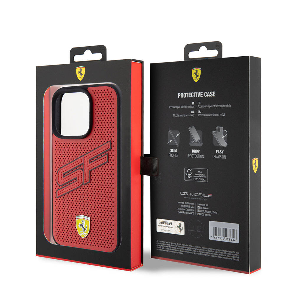 Apple iPhone 15 Pro Case Ferrari Original Licensed PU Perforated Back Surface Metal Logo Stitched Large SF Written Cover Red