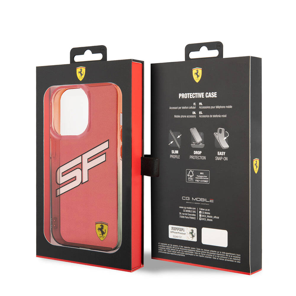 Apple iPhone 15 Pro Case Ferrari Original Licensed Transparent Cover with SF Text and Color Gradient Edges, Red