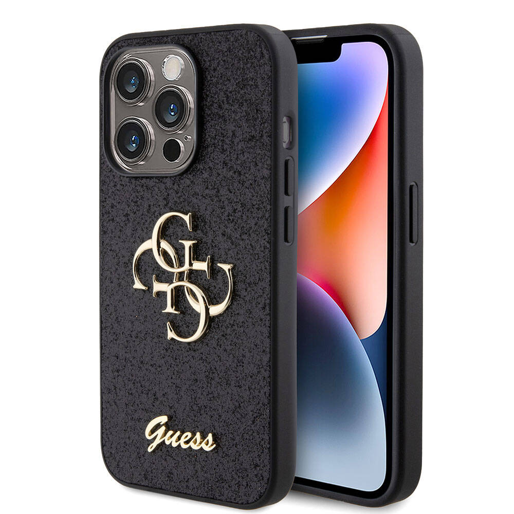 Apple iPhone 15 Pro Case Guess Original Licensed 4G Large Metal Logo Glitter Cover Black