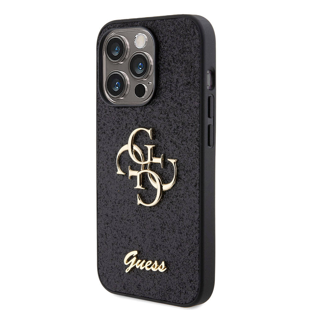 Apple iPhone 15 Pro Case Guess Original Licensed 4G Large Metal Logo Glitter Cover Black