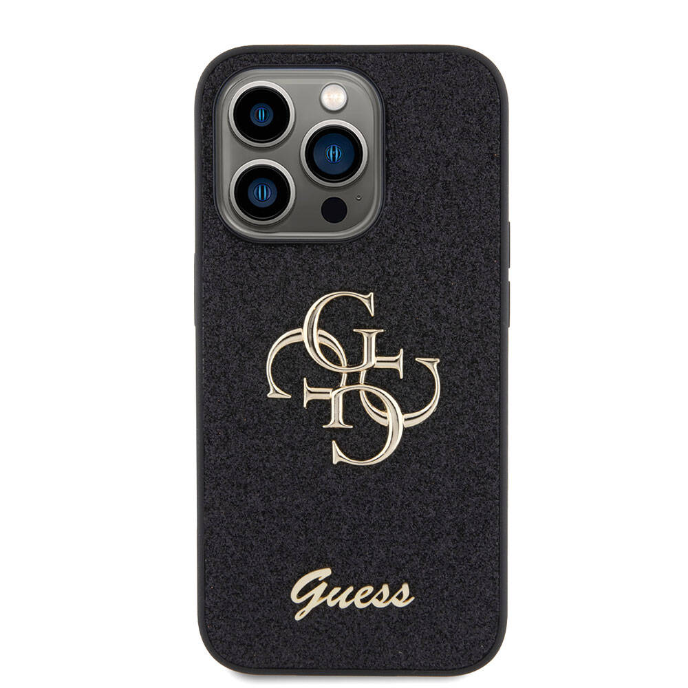 Apple iPhone 15 Pro Case Guess Original Licensed 4G Large Metal Logo Glitter Cover Black