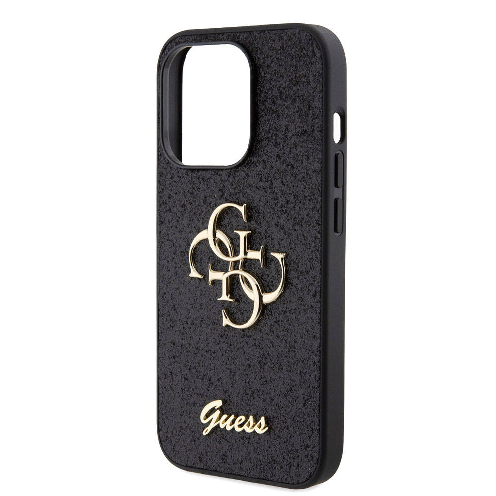 Apple iPhone 15 Pro Case Guess Original Licensed 4G Large Metal Logo Glitter Cover Black