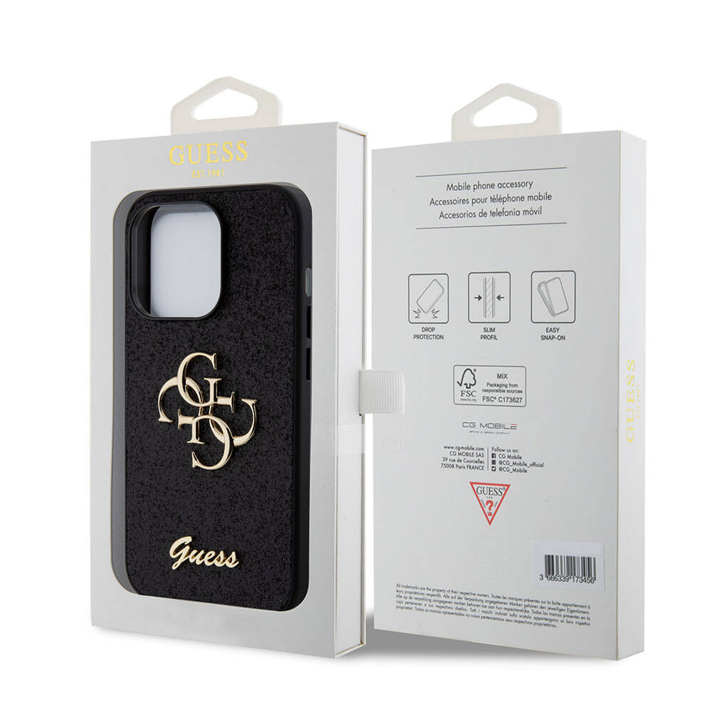 Apple iPhone 15 Pro Case Guess Original Licensed 4G Large Metal Logo Glitter Cover Black