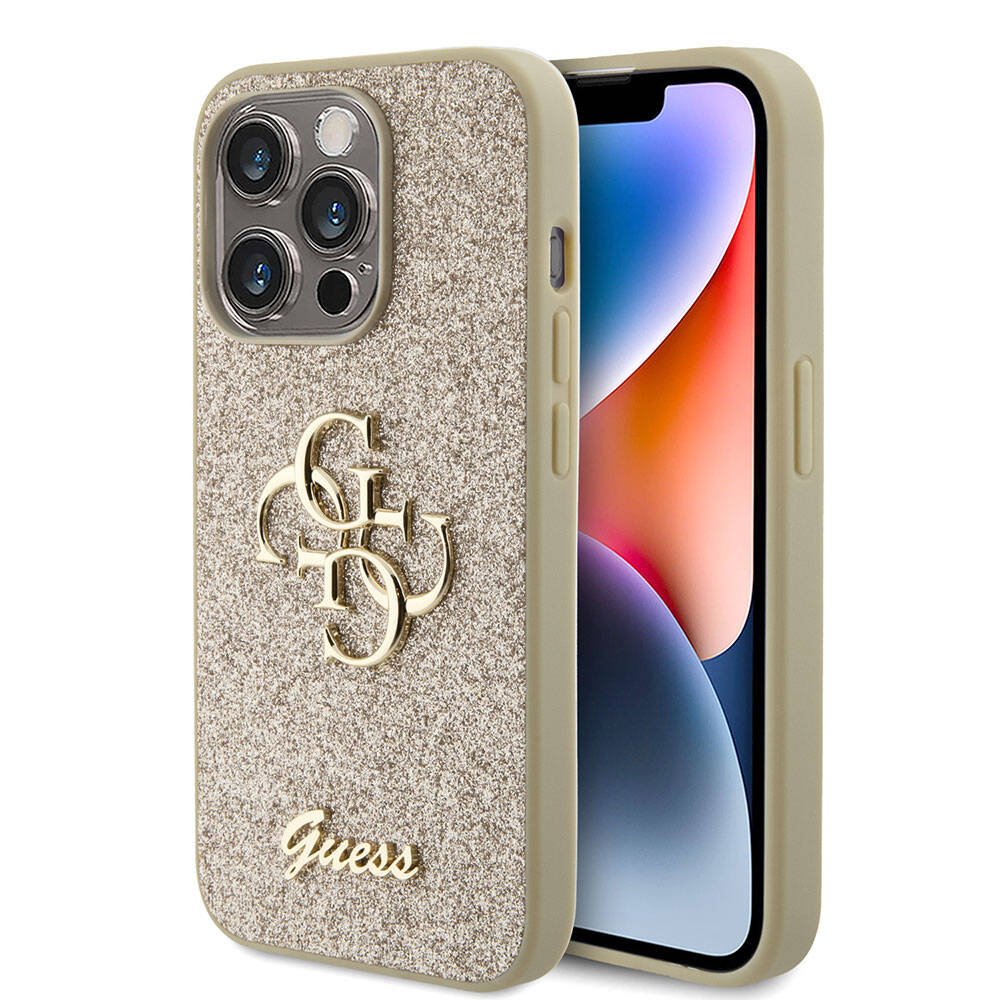 Apple iPhone 15 Pro Case Guess Original Licensed 4G Large Metal Logo Glitter Cover Black