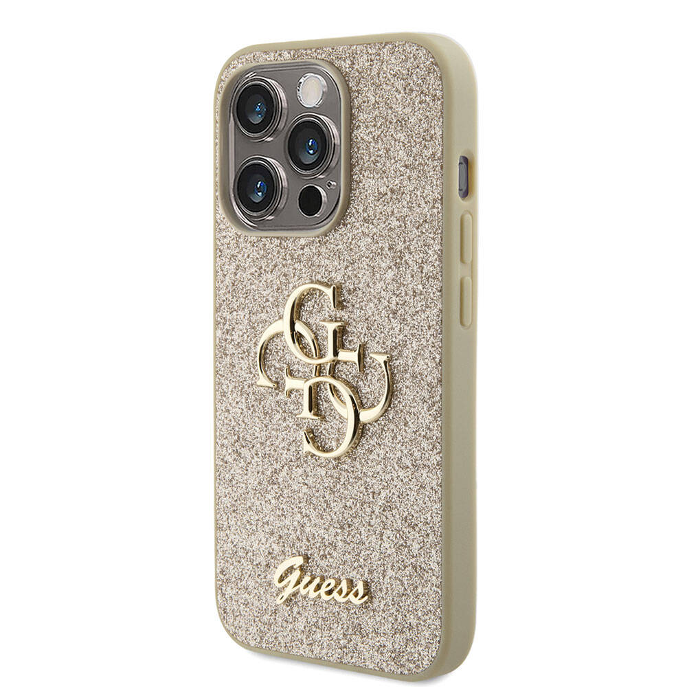 Apple iPhone 15 Pro Case Guess Original Licensed 4G Large Metal Logo Glitter Cover Black