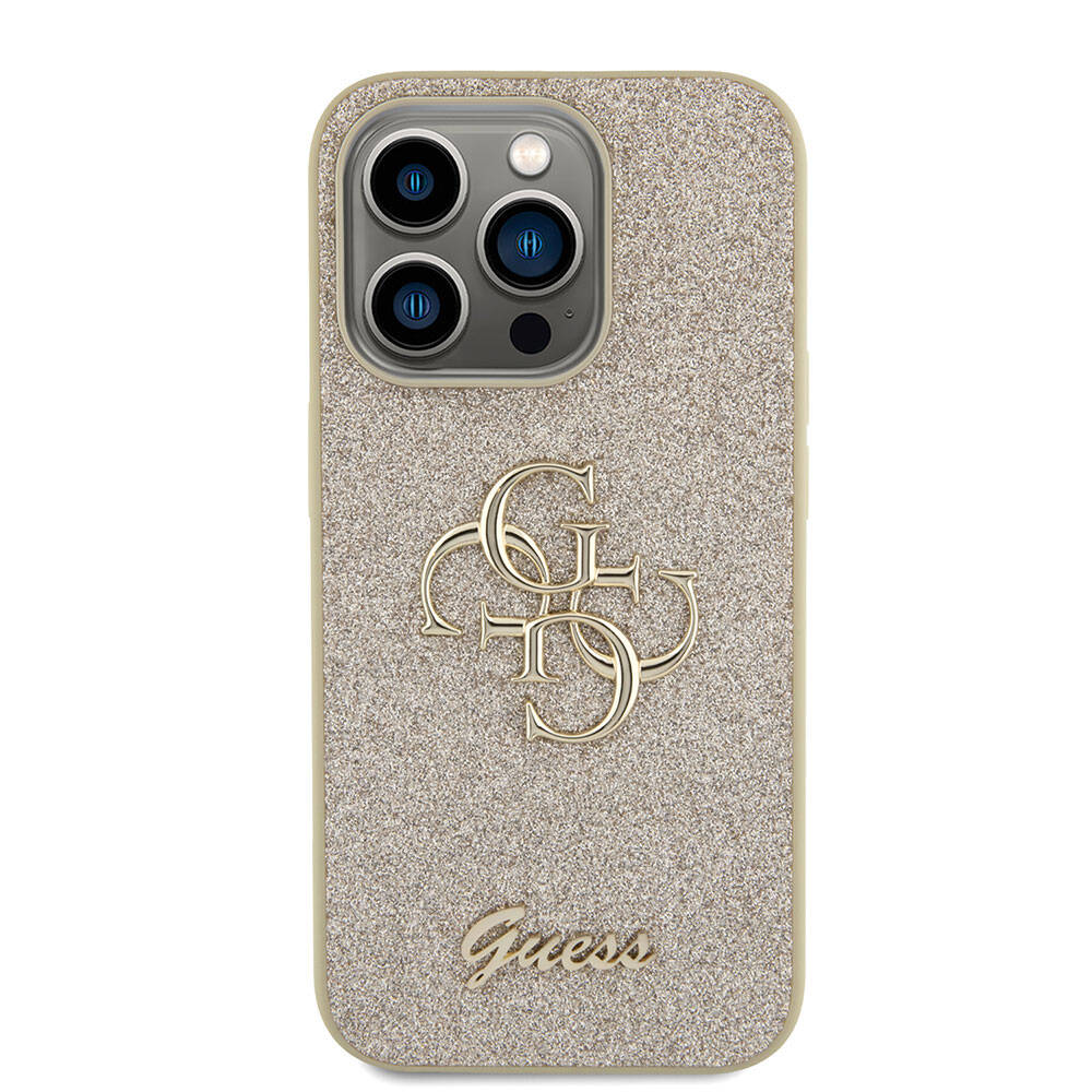 Apple iPhone 15 Pro Case Guess Original Licensed 4G Large Metal Logo Glitter Cover Black