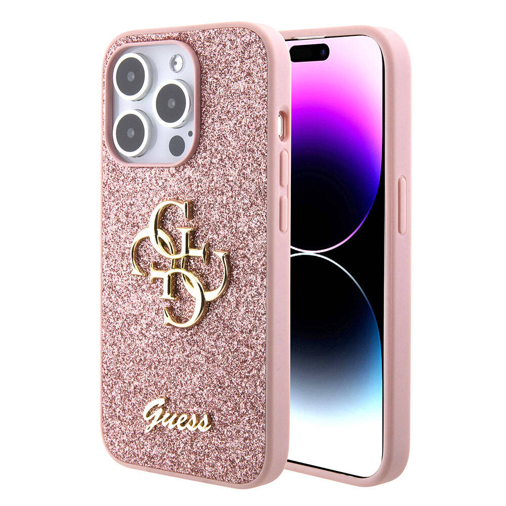 Apple iPhone 15 Pro Case Guess Original Licensed 4G Large Metal Logo Glitter Cover Black