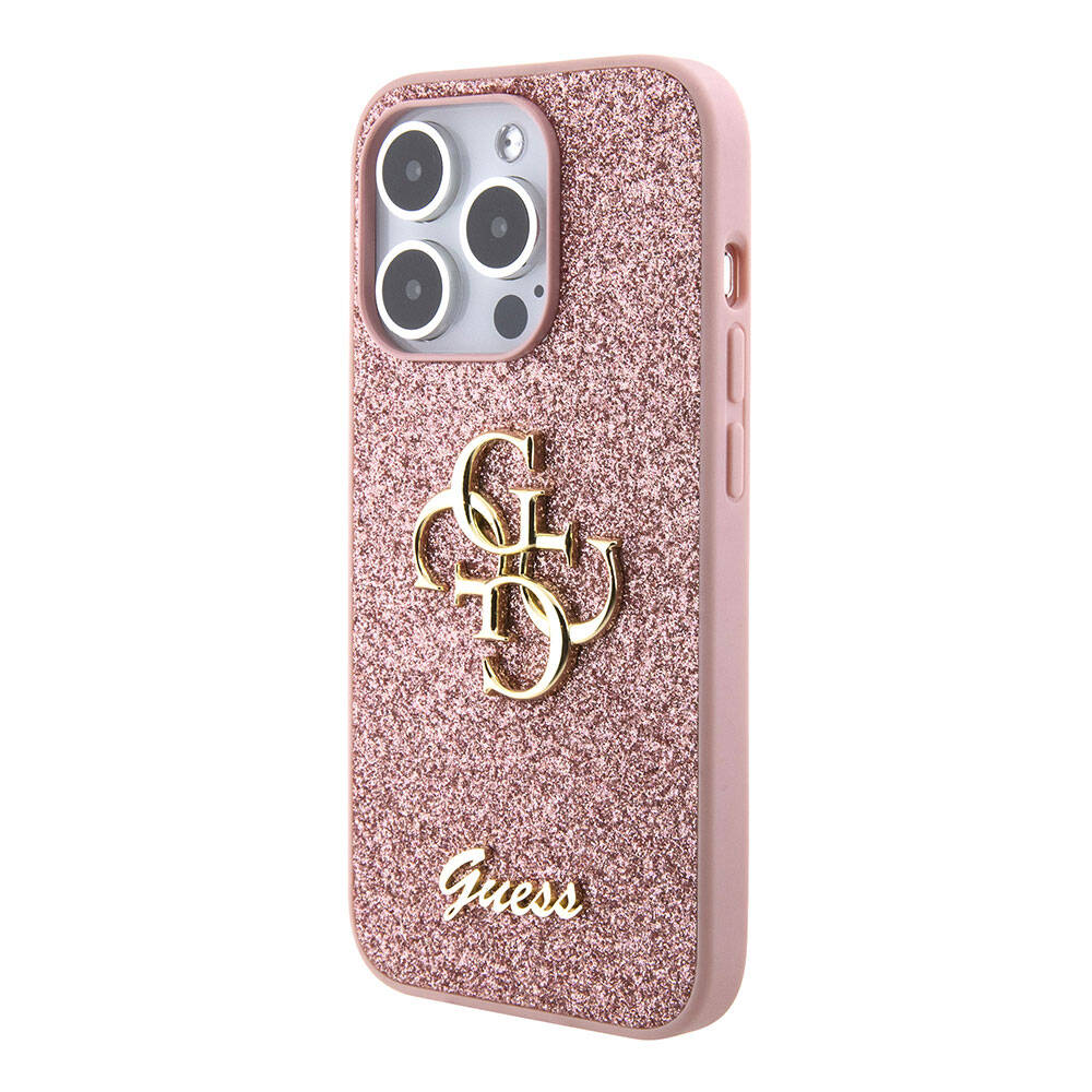 Apple iPhone 15 Pro Case Guess Original Licensed 4G Large Metal Logo Glitter Cover Black