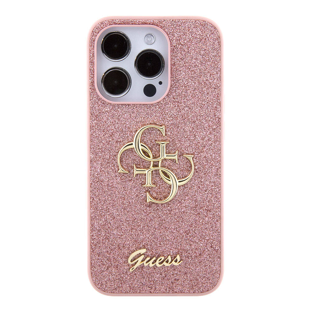 Apple iPhone 15 Pro Case Guess Original Licensed 4G Large Metal Logo Glitter Cover Black