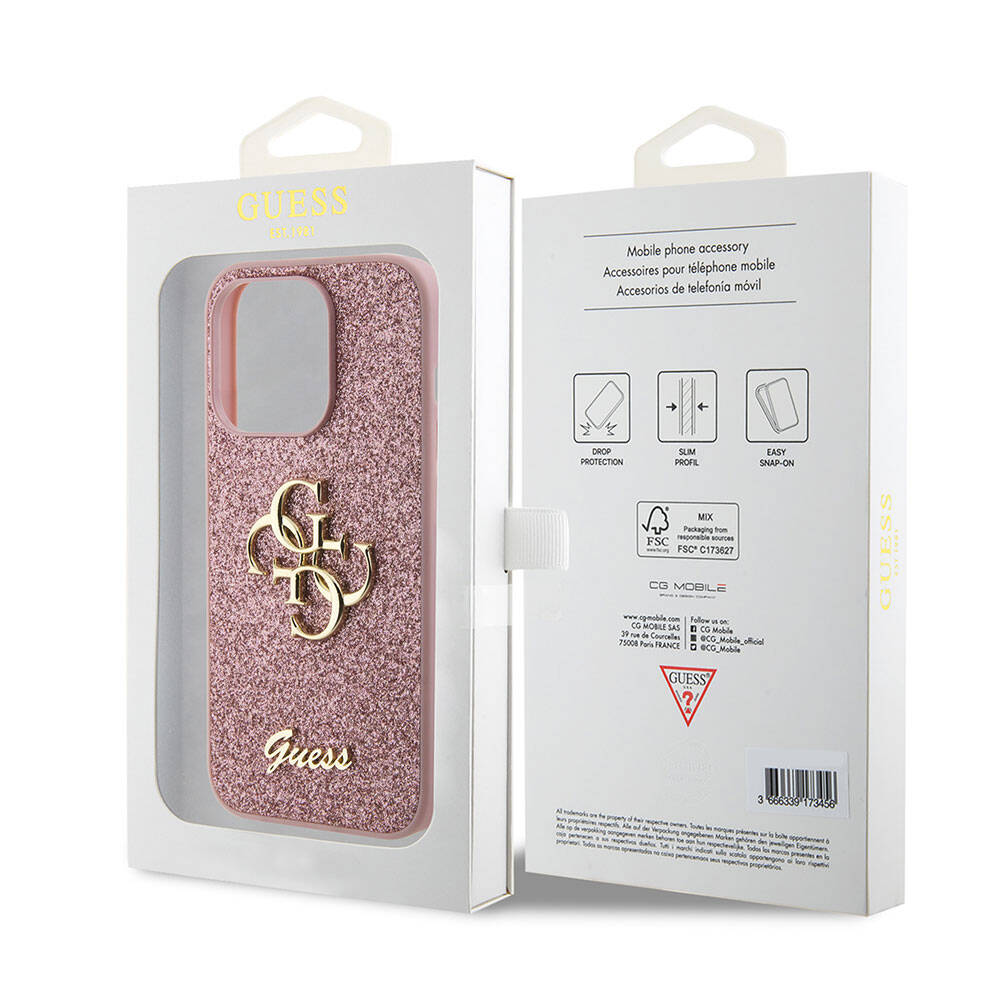 Apple iPhone 15 Pro Case Guess Original Licensed 4G Large Metal Logo Glitter Cover Black