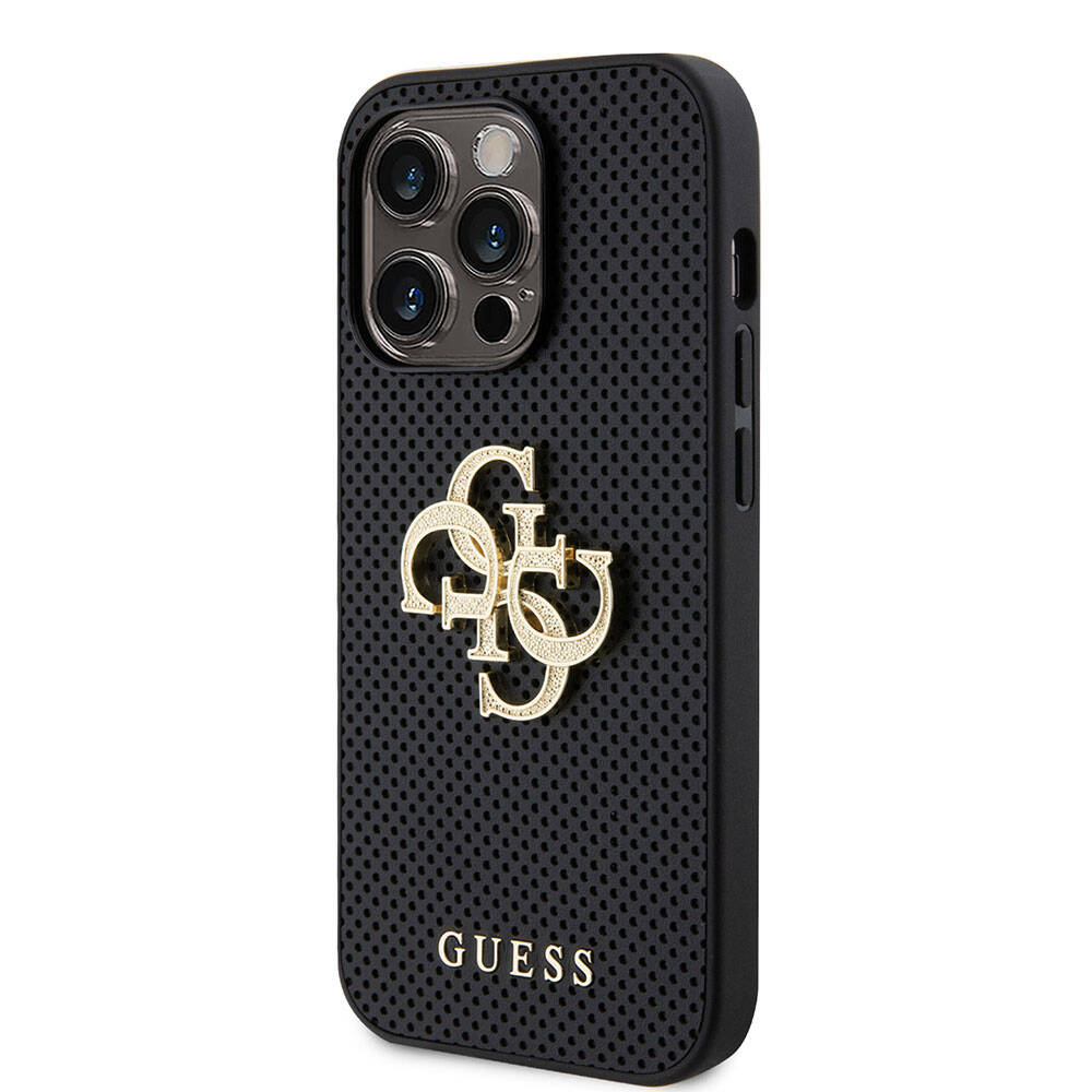 Apple iPhone 15 Pro Case Guess Original Licensed Perforated Text and 4G Glitter Large Metal Logo Cover Brown
