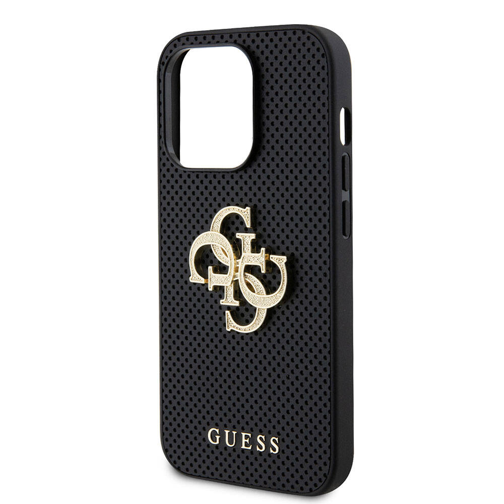Apple iPhone 15 Pro Case Guess Original Licensed Perforated Text and 4G Glitter Large Metal Logo Cover Brown